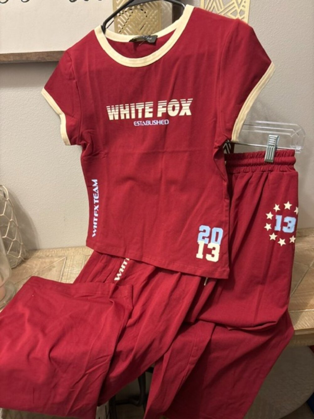 NEW White Fox Full Schedule Baby Tee & Track Pants Set Burgundy L 2pc